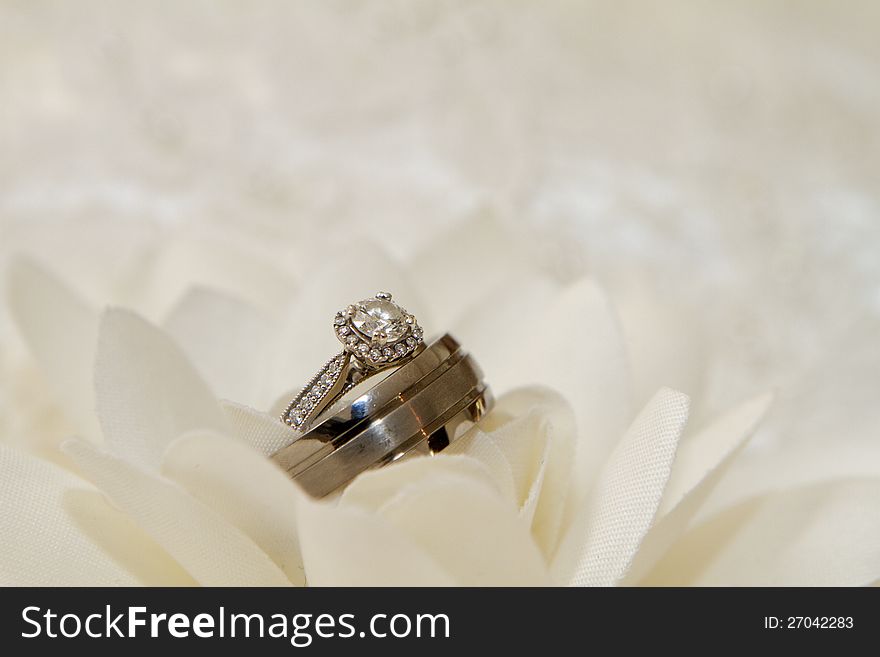 Detailed diamond ring and man's band situated on white silk flower against white background. Detailed diamond ring and man's band situated on white silk flower against white background