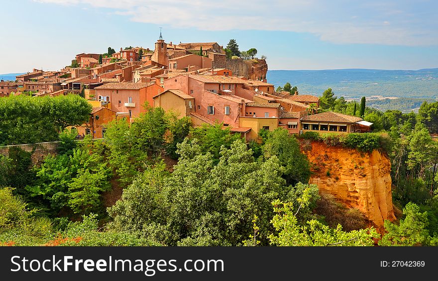 Roussillon colorful village sunset view, Provence, France. Roussillon colorful village sunset view, Provence, France