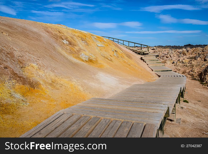 Wooden path in geothermal field