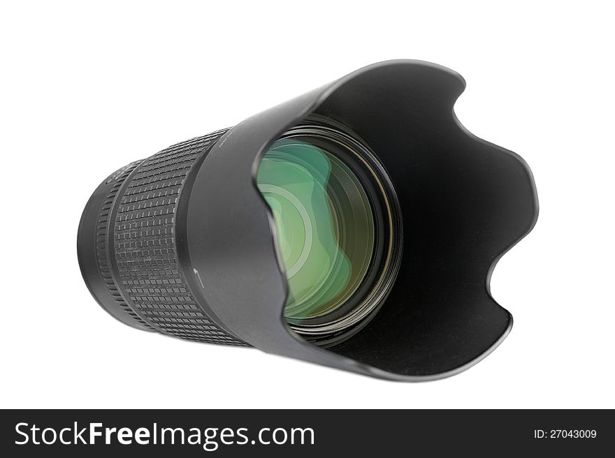 Camera tele zoom lens with hood. Camera tele zoom lens with hood