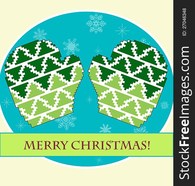 Green Christmas mittens with a pattern on the blue background