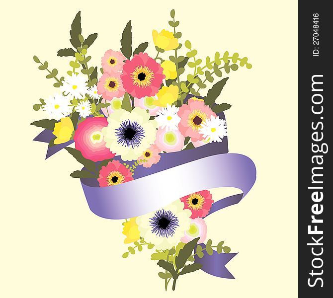 Vector spring illustration with flowers and ribbon. Vector spring illustration with flowers and ribbon