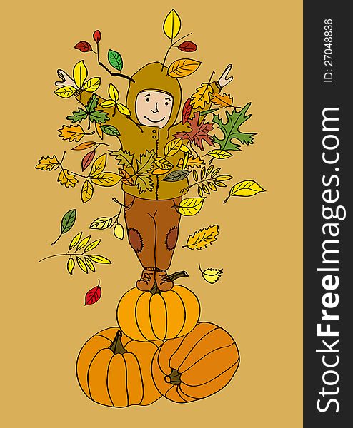 A color drawing / illustration: one autumn day, a boy who plays with leaves and pumpkins - The Pumpkin King. Appropriate as a seasonal Autumn illustration, or specifically for Thanksgiving. A color drawing / illustration: one autumn day, a boy who plays with leaves and pumpkins - The Pumpkin King. Appropriate as a seasonal Autumn illustration, or specifically for Thanksgiving.