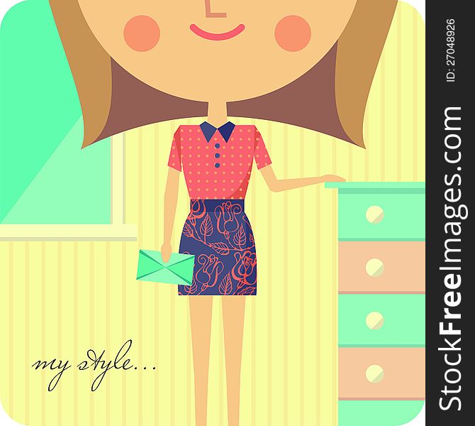 Illustration of a girl dressed in fashionable clothes posing in her room. Illustration of a girl dressed in fashionable clothes posing in her room