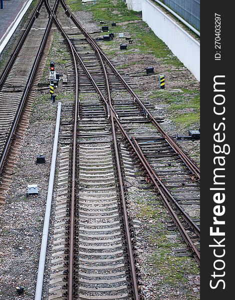 Top view of the branching railway. An empty rusty railway.