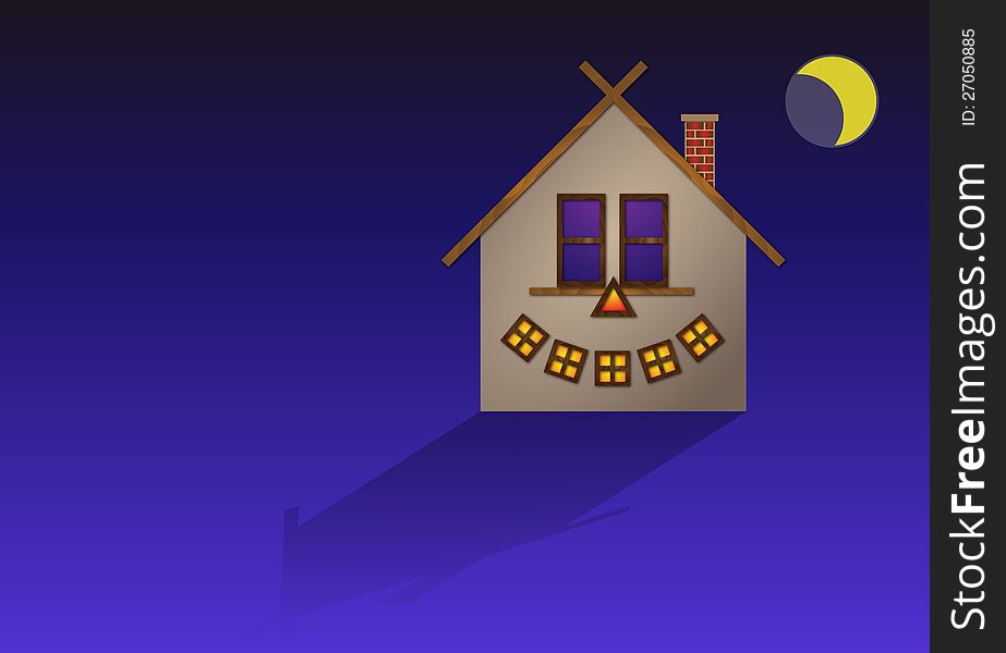 On dark blue background Halloween scary house with moon in the sky