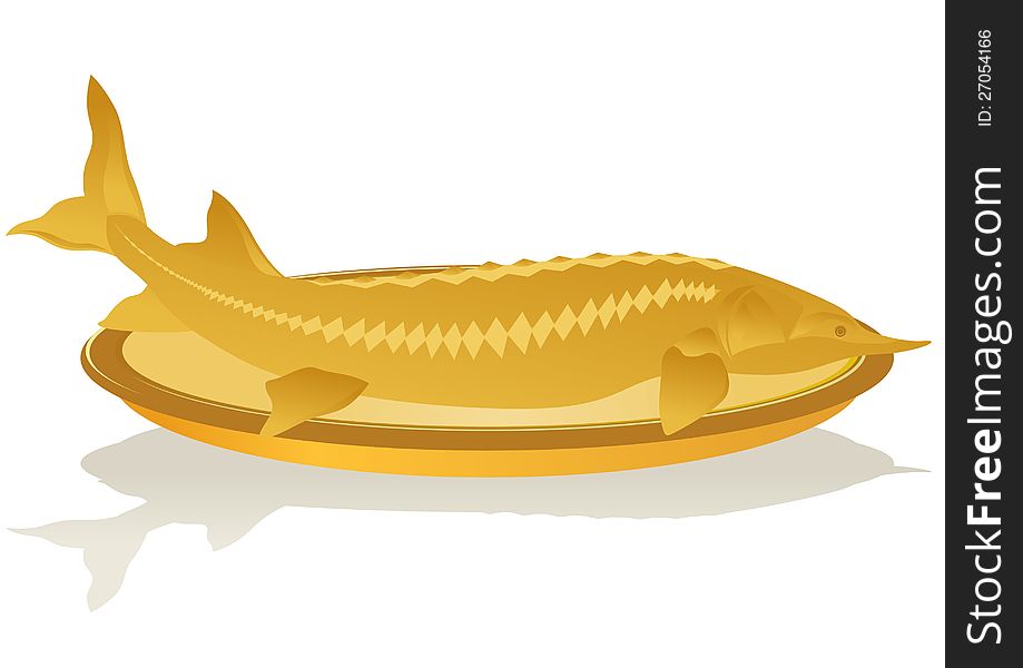 Golden sturgeon on a gold plate. The illustration on a white background. Golden sturgeon on a gold plate. The illustration on a white background.