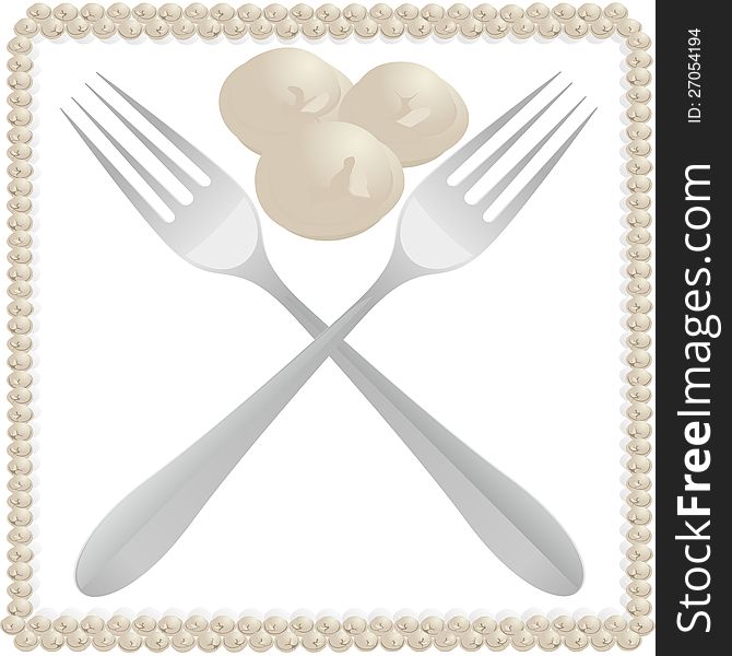 Culinary products. Dumplings and two table forks. Illustration on white background. Culinary products. Dumplings and two table forks. Illustration on white background.