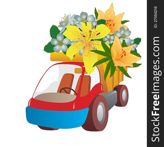 A truck with a bouquet of flowers. The illustration on a white background. A truck with a bouquet of flowers. The illustration on a white background.