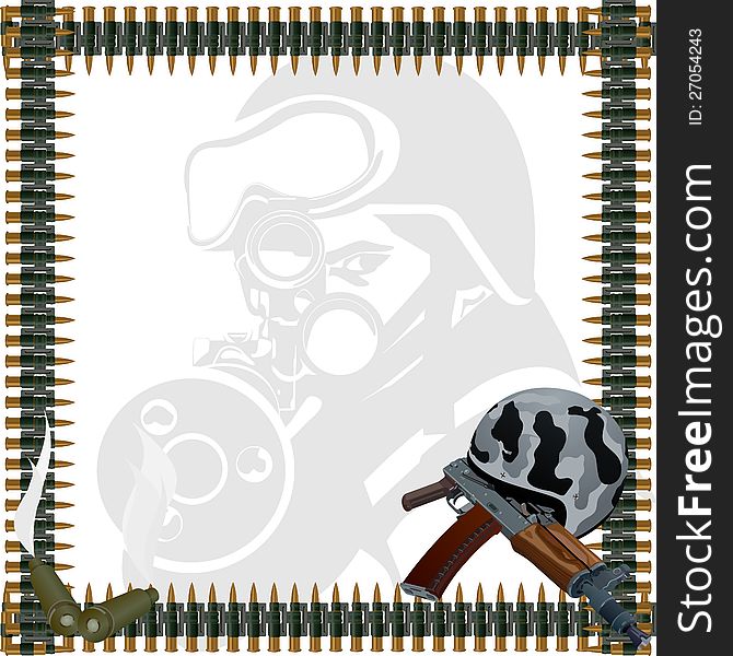 Helmet with a gun against the machine-gun belt loop and men in military uniforms and automatic weapons. Helmet with a gun against the machine-gun belt loop and men in military uniforms and automatic weapons.
