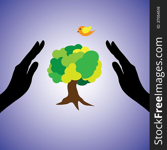 Concept illustration of saving the nature and environemnt. This graphic uses female hand silhouettes, a tree & bird. This can represent the concept of conserving ecology, saving nature from pollution. Concept illustration of saving the nature and environemnt. This graphic uses female hand silhouettes, a tree & bird. This can represent the concept of conserving ecology, saving nature from pollution
