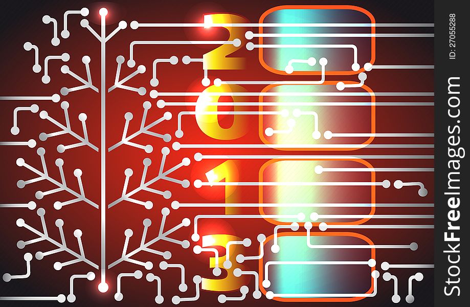 Figures 2013 in front of red printed circuit board techno background. Figures 2013 in front of red printed circuit board techno background