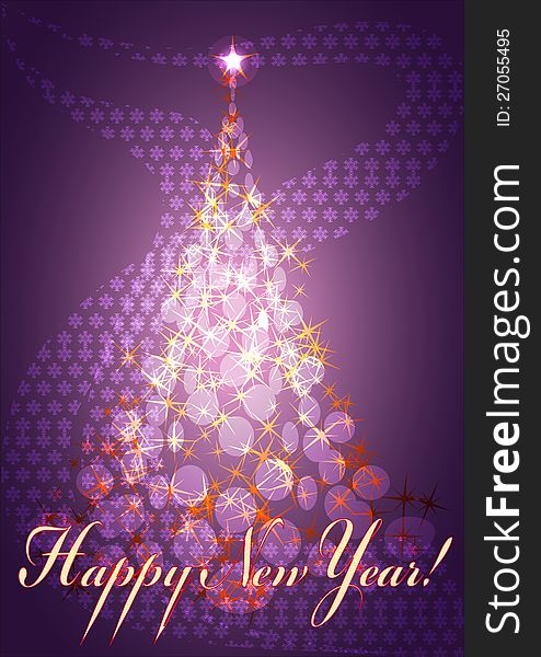Pine tree with shining stars in front of abstract purple background. Pine tree with shining stars in front of abstract purple background