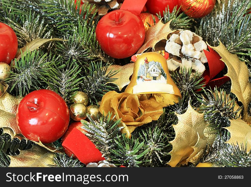 Christmas toys and decorations against the background of tree branch. Christmas toys and decorations against the background of tree branch