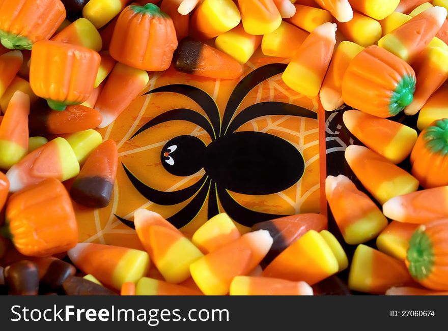 Candy corn on spider trick or treat bag. Candy corn on spider trick or treat bag