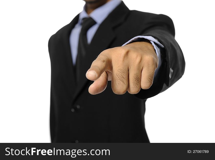 Man with black business suit pointing to you isolated over white background. Man with black business suit pointing to you isolated over white background