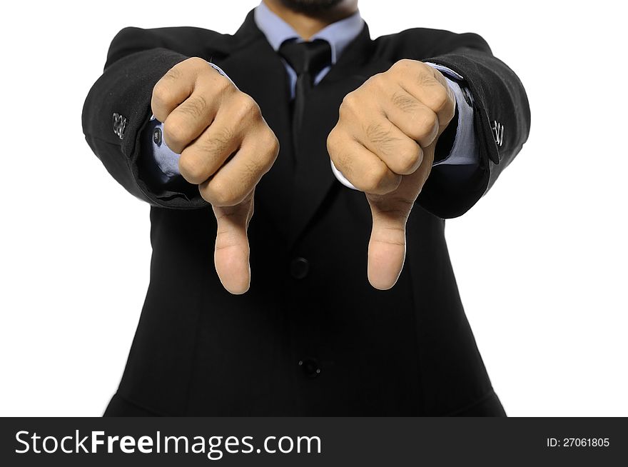 Man with business suit give two thumb down. Election day background or concept. Man with business suit give two thumb down. Election day background or concept
