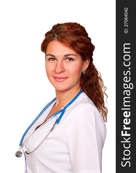 Beautiful young red-haired physician doctor. Isolated on white background with clipping paths. Beautiful young red-haired physician doctor. Isolated on white background with clipping paths.