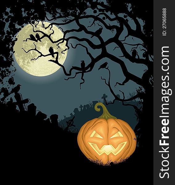 Halloween background with pumpkin, tree, crows and cemetery