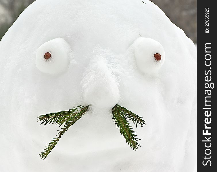 Close up of the head of amusing snowman. Close up of the head of amusing snowman
