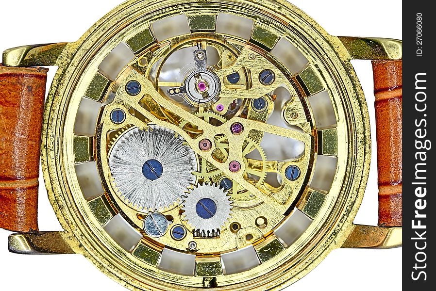 Gear skeleton mechanism golden wrist watch. Gear skeleton mechanism golden wrist watch