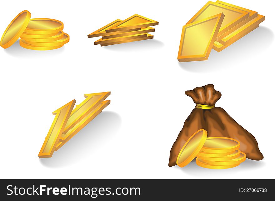 Set of golden coins, plate, unit with sack