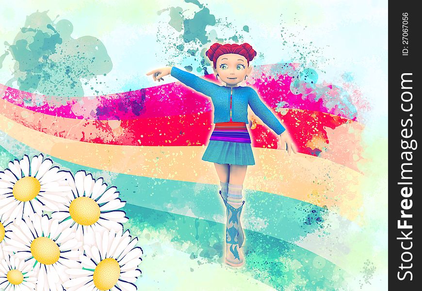 Abstract illustration with cartoon girl walking on rainbow. Abstract illustration with cartoon girl walking on rainbow.