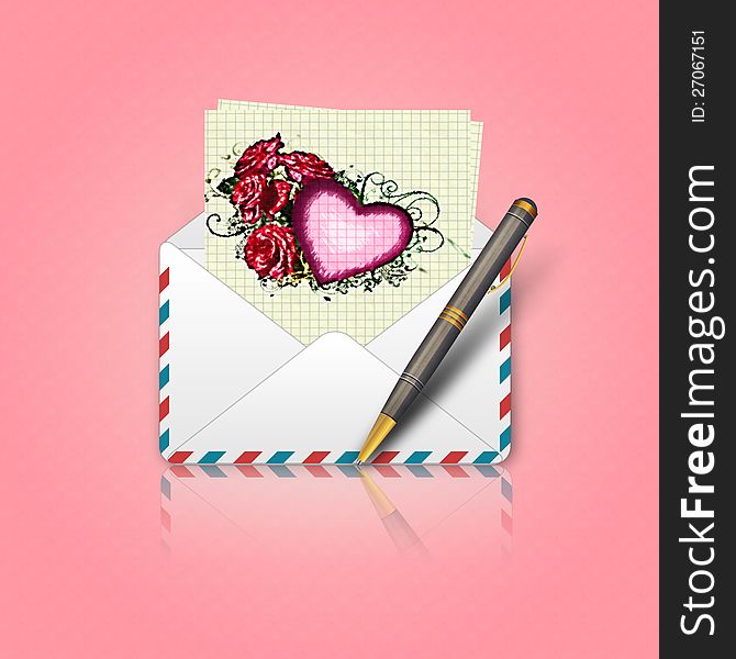 Illustration of opened Valentine`s day envelope with heart and flowers. Illustration of opened Valentine`s day envelope with heart and flowers.