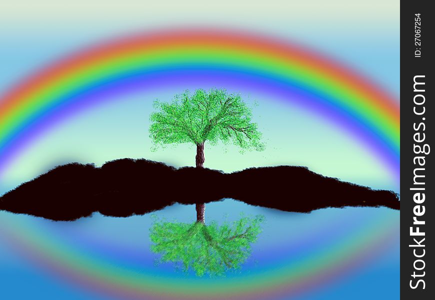Illustration of tree set against a blue sky with a rainbow background. Illustration of tree set against a blue sky with a rainbow background.