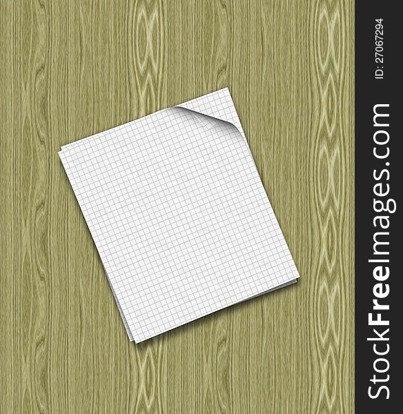 Illustration of two sheets of paper on wood table background.