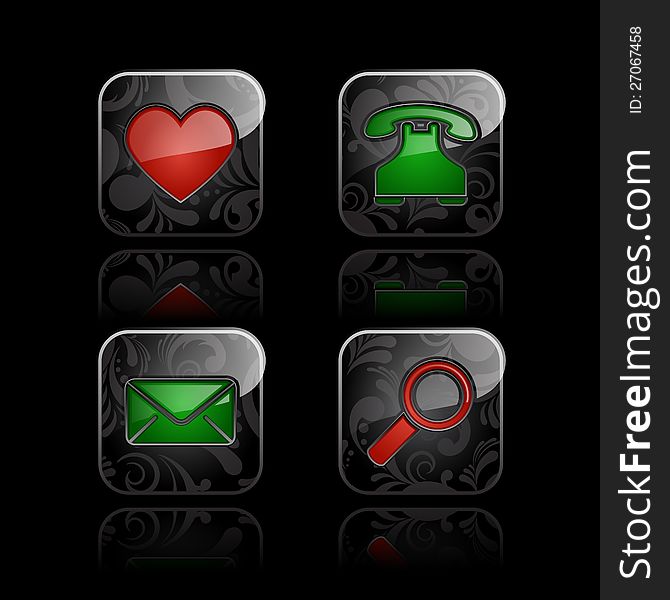 Set of social media icons. Glossy floral button with refection on black background