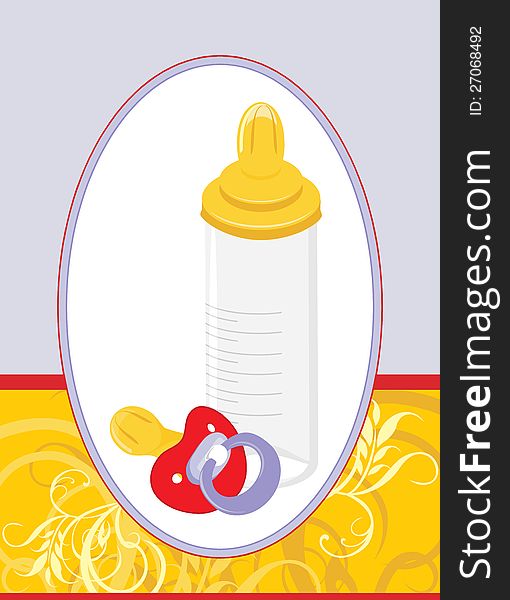 Baby dummy and milk bottle in the decorative frame. Illustration