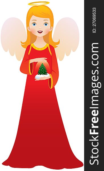 Christmas angel in red dress.