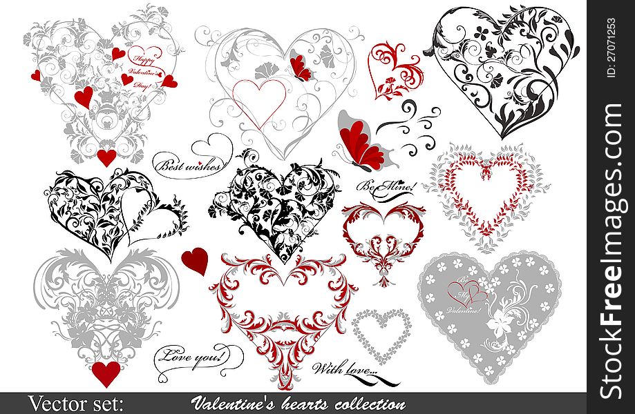 Calligraphic  
Collection of valentine's hearts for design. Calligraphic  
Collection of valentine's hearts for design