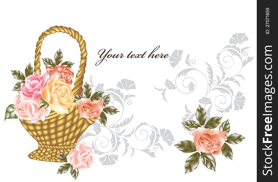 Greeting card with roses in basket on white. Greeting card with roses in basket on white