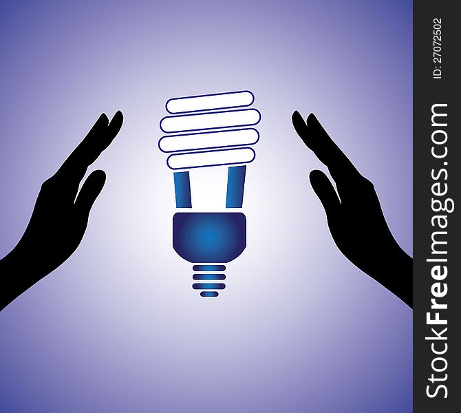 Concept illustration of saving/conserving power. The graphic contains female hands silhouette and Compact fluorescent lamp image which uses very less energy for lighting