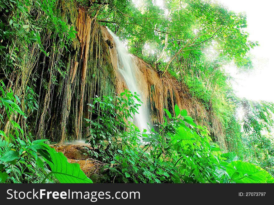 Landscape with waterfall in the forest park