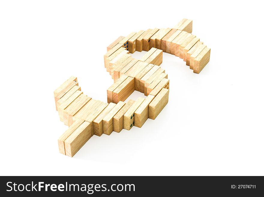 Symbol of dollar from wooden domino on white background. Symbol of dollar from wooden domino on white background
