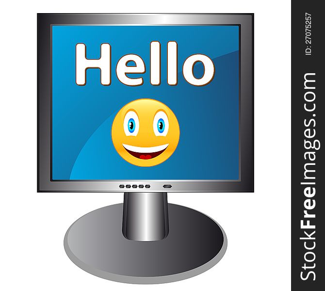 Hello with smile in the monitor on a white background