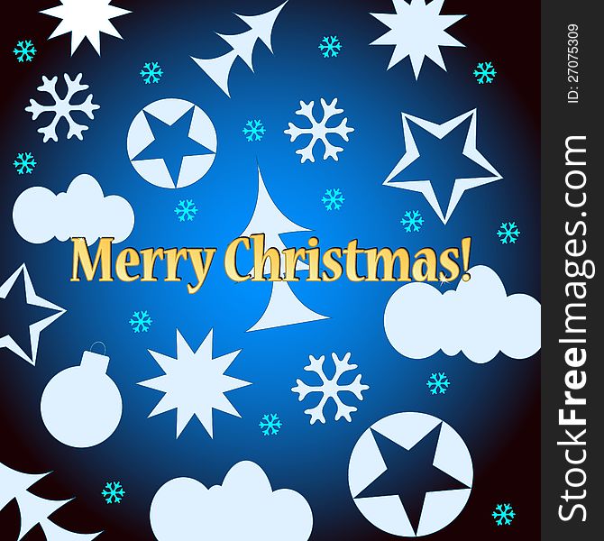 Blue Merry Christmas background with various figures of white color