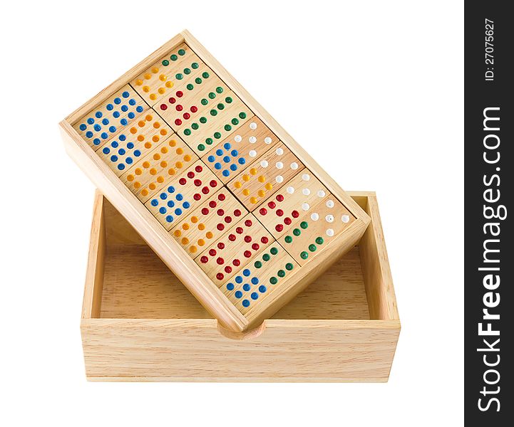 Wooden Domino in wooden box  isolated on white with a clipping path. Wooden Domino in wooden box  isolated on white with a clipping path