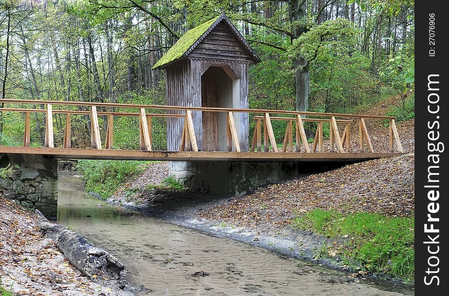 City park. Small river at autumn forest