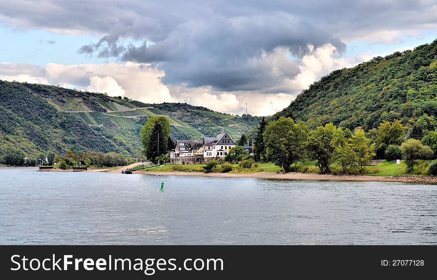 Cloudy sky above Rhine river at Germany