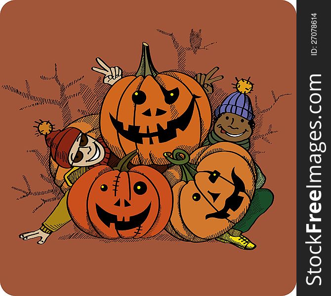 A color drawing / illustration: boys playing with pumpkins made into jack o'lanterns. An Autumn illustration especially appropriate for Halloween. A color drawing / illustration: boys playing with pumpkins made into jack o'lanterns. An Autumn illustration especially appropriate for Halloween.