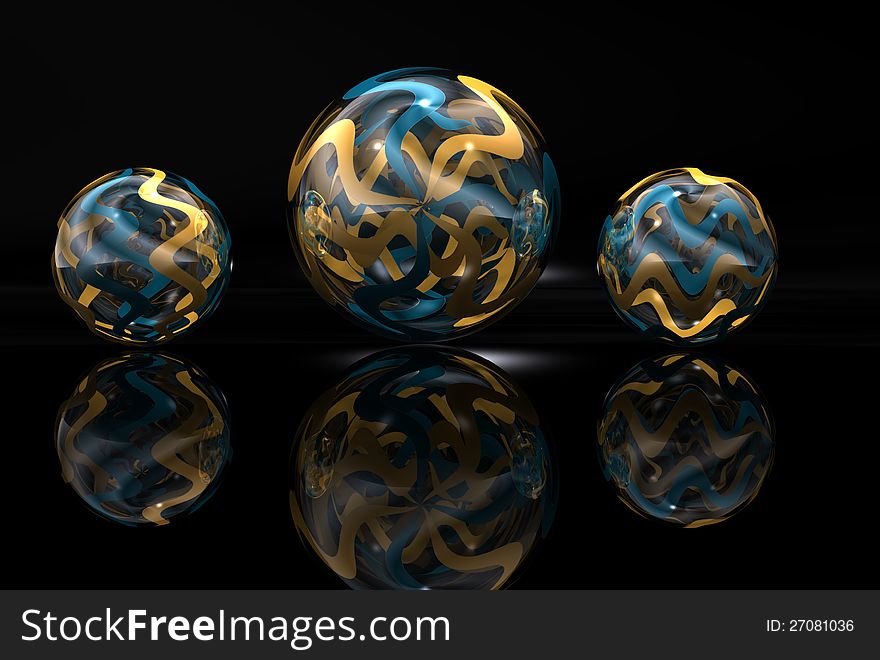 Marble shapes with colors against a black background and reflected in foreground. Marble shapes with colors against a black background and reflected in foreground.