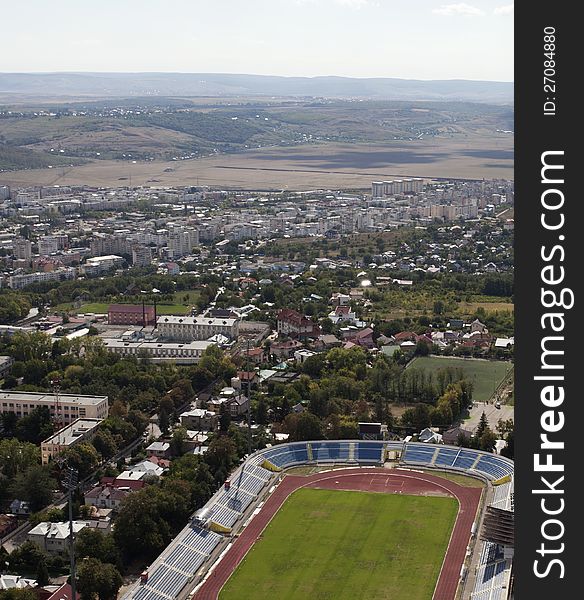 Aerial view with urban stadium and trees. Aerial view with urban stadium and trees