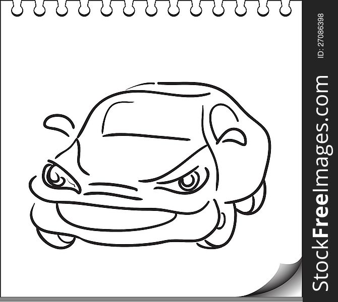 Car character sketch on white notebook page