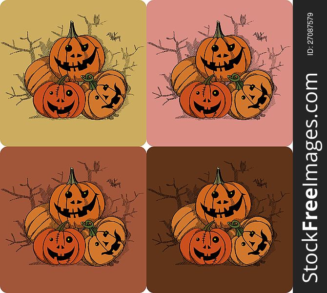 A color drawing / illustration set (4 variants backgrounds): pumpkins made into jack o'lanterns. An Autumn illustration especially appropriate for Halloween. A color drawing / illustration set (4 variants backgrounds): pumpkins made into jack o'lanterns. An Autumn illustration especially appropriate for Halloween.