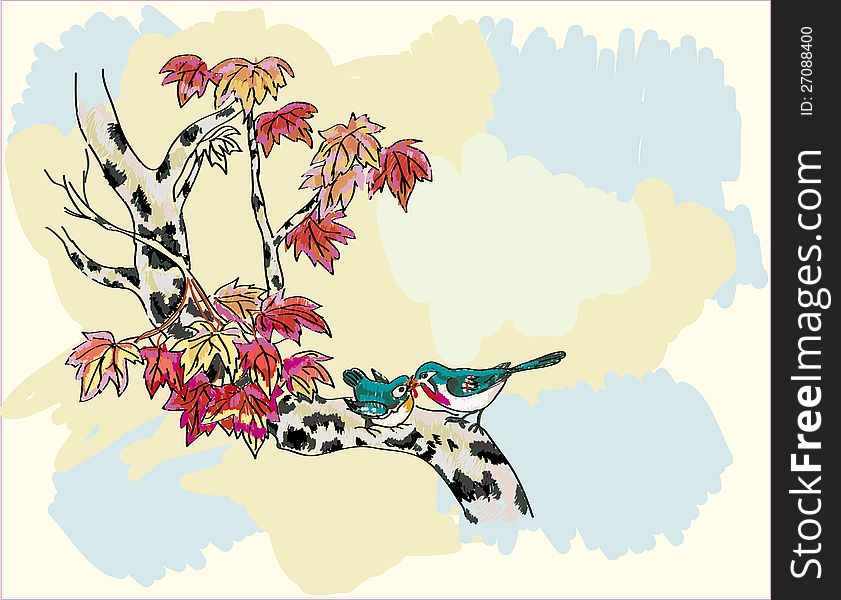 Birch ,bird , spring , postcard .