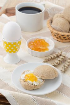 Breakfast With Muffin, Cheese, Jam And Egg Stock Photos Breakfast With Muffin, Cheese, Jam And Egg Stock Photos